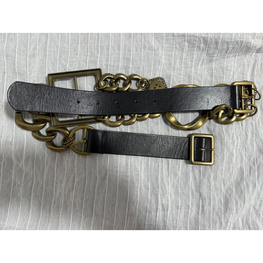 Zara Black Leather Chunky Antique Brass Chain Statement Belt 80 Geometric - Picture 5 of 5